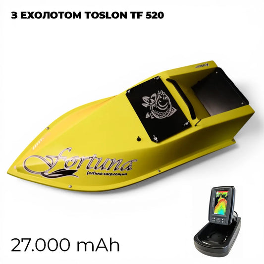 Кораблик Фортуна — бункер 3 л, дальність 600 м | Жовтий, 27 000 mAh, База + ехолот Toslon TF520