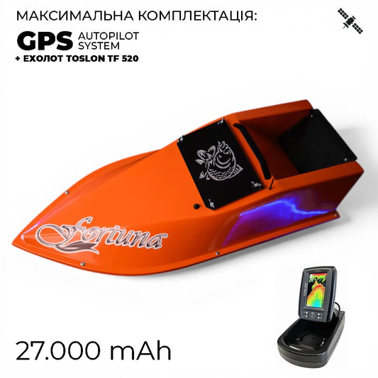 Кораблик Фортуна — бункер 3 л, дальність 600 м | Помаранчевий, 27 000 mAh, База + GPS CORTEX 6+1 + ехолот Toslon TF520