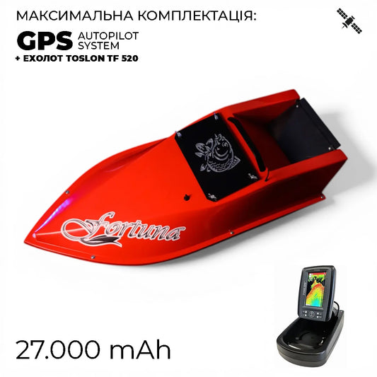 Кораблик Фортуна — бункер 3 л, дальність 600 м | Червоний, 27 000 mAh | База + GPS CORTEX 6+1 + ехолот Toslon TF520